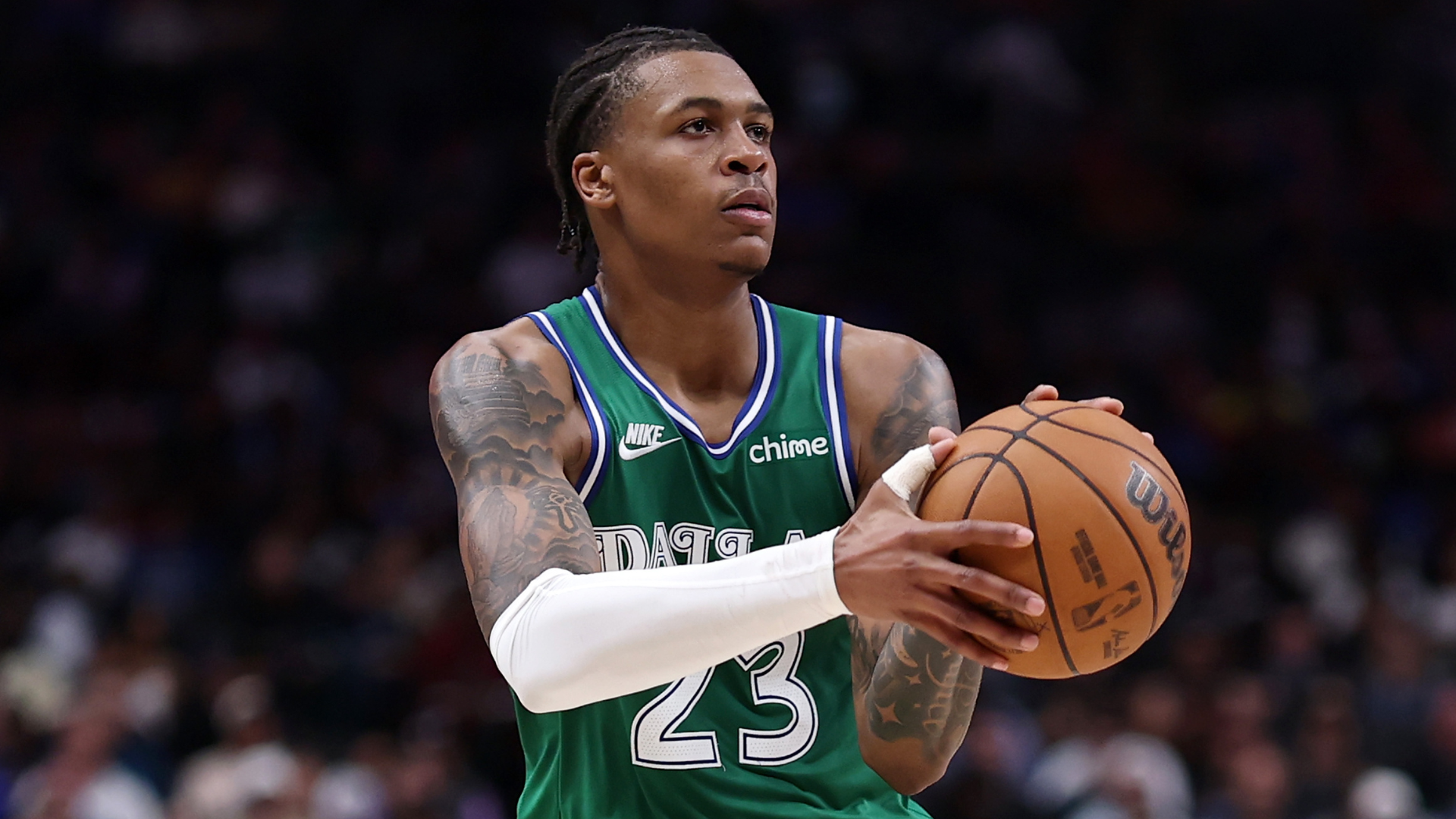 Tyler Smith #23 of the Dallas Mavericks takes a three point shot during the second half against the Chicago Bulls at American Airlines Center on April 12, 2026 in Dallas, Texas.