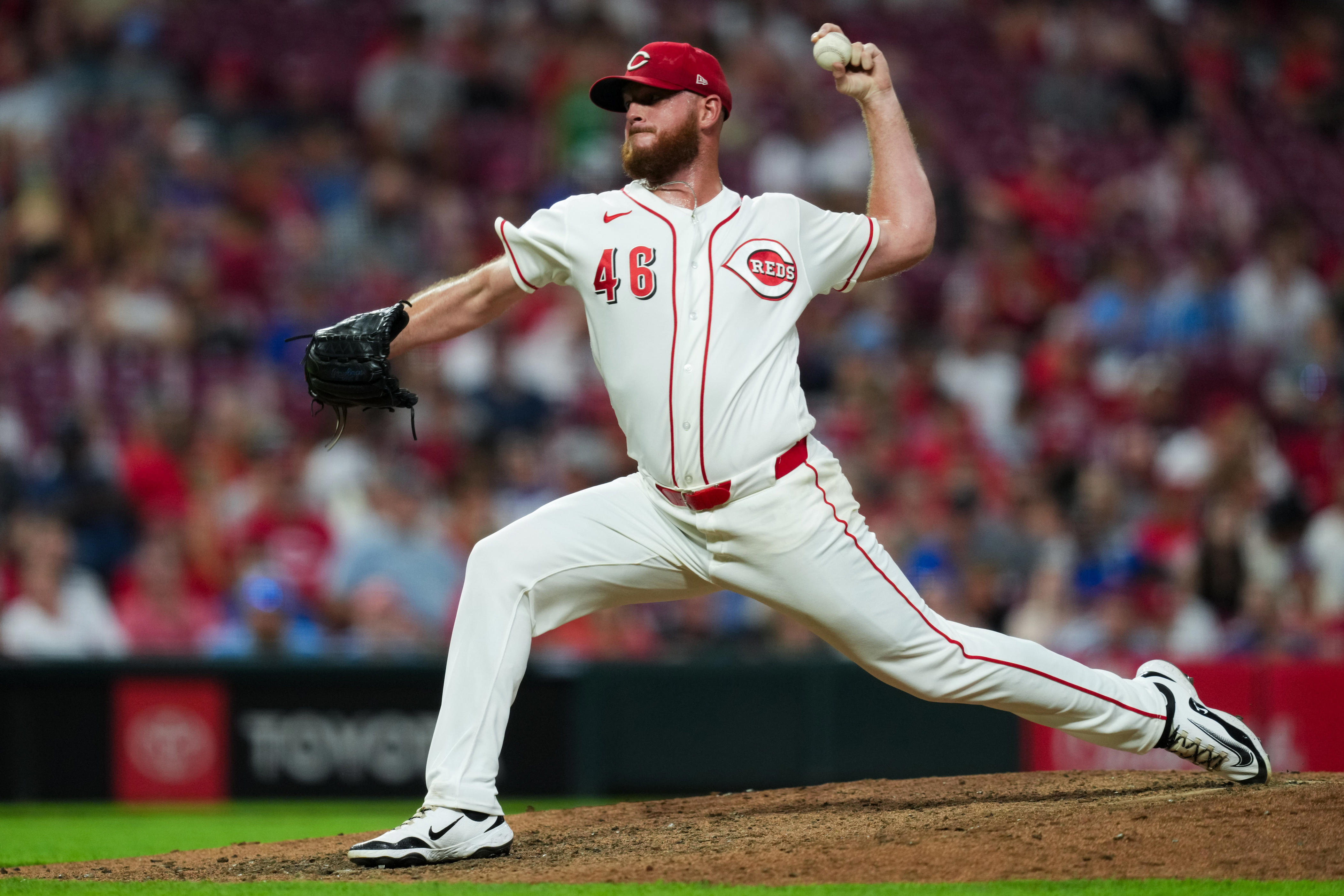Jul 7, 2026; Cincinnati, Ohio, USA; Cincinnati Reds pitcher Caleb Ferguson (46) throws against the Philadelphia Phillies in the eighth inning at Great American Ball Park. Mandatory Credit: Aaron Doster-Imagn Images