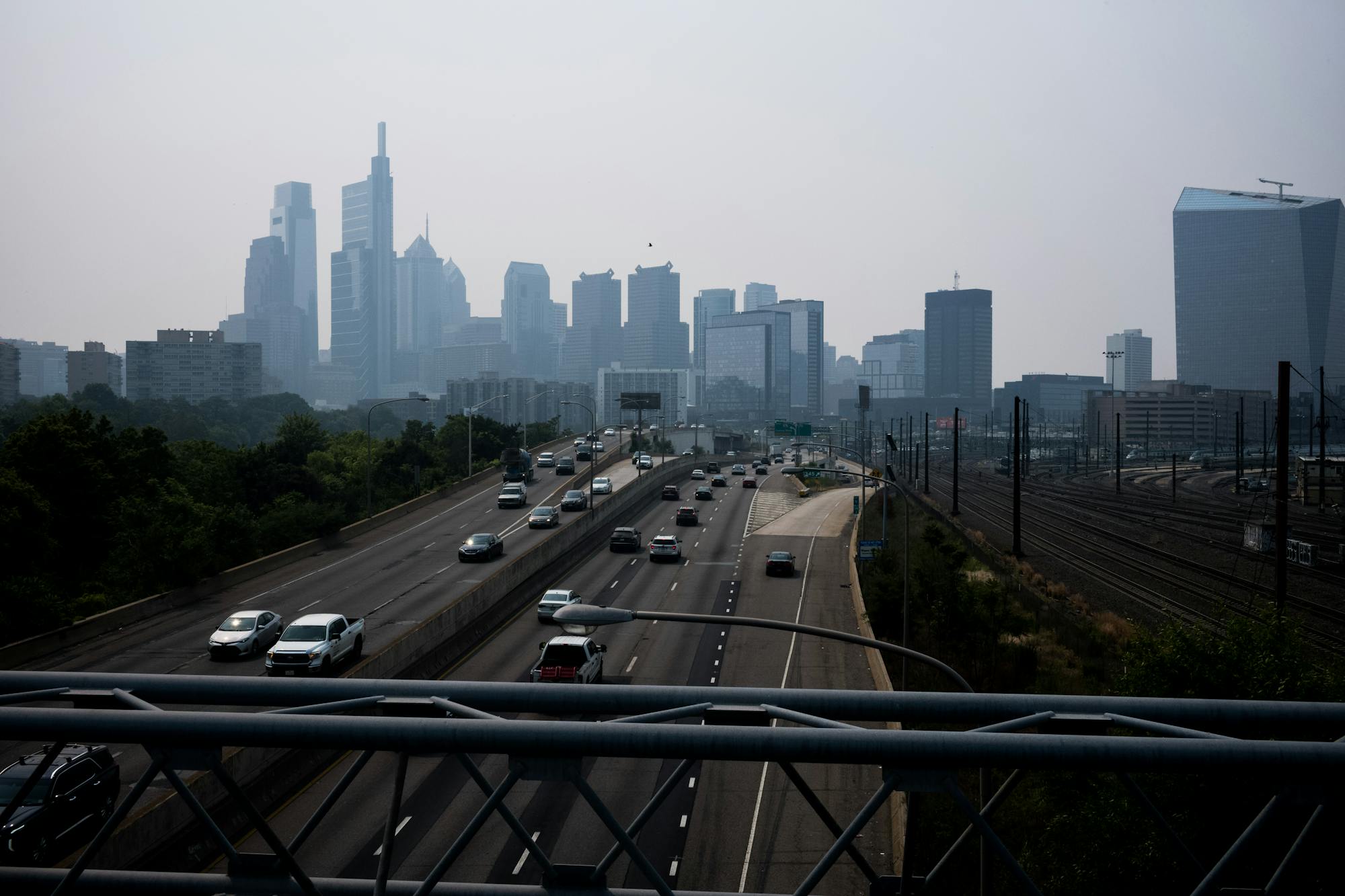 A view of the Philadelphia skyline on June 7, 2023, when smoke from large wildfires burning across Canada filled the air.