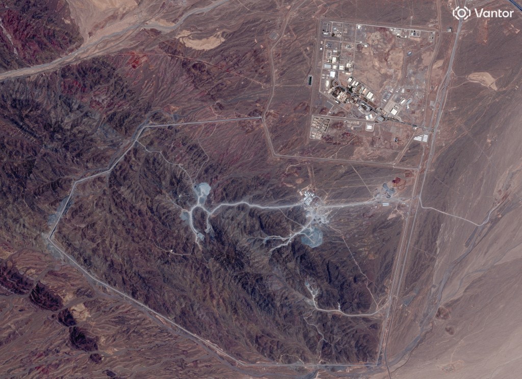 A satellite image of Natanz nuclear facility and Pickaxe Mountain, near Natanz in Iran