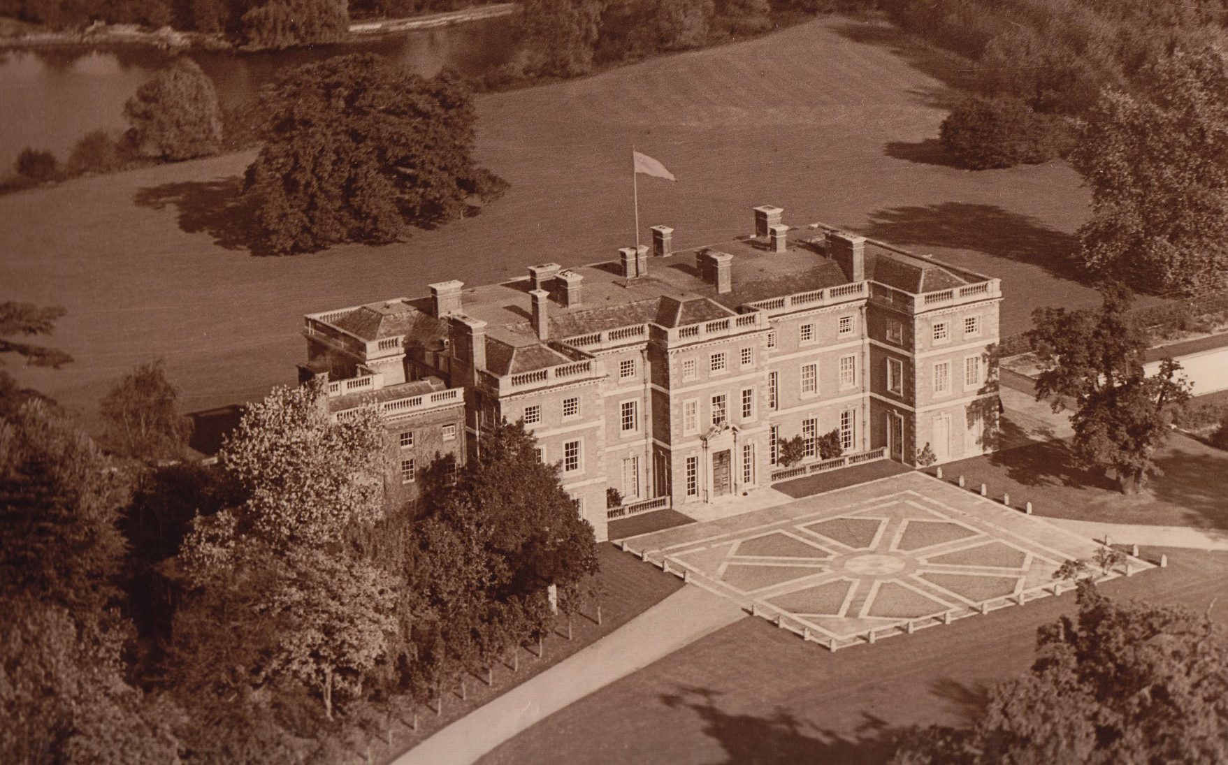 Archival aerial view of Trent Park House, from early 20th century