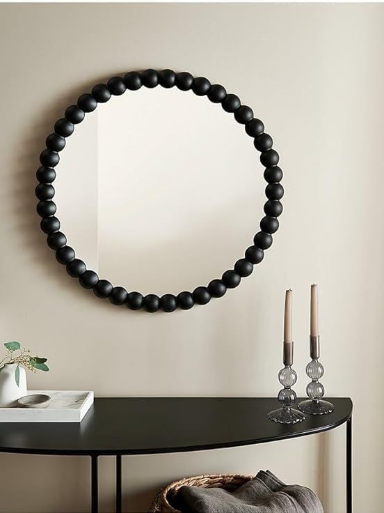 Biznest Decorative Round Bobbin Edges Wall Hanging Overmantle Mirror Spherical Large Plastic Beaded Frame Circular Border Pattern Modern Interior Glass Surface Home Aesthetic Design 65 Cm Dia. (black)