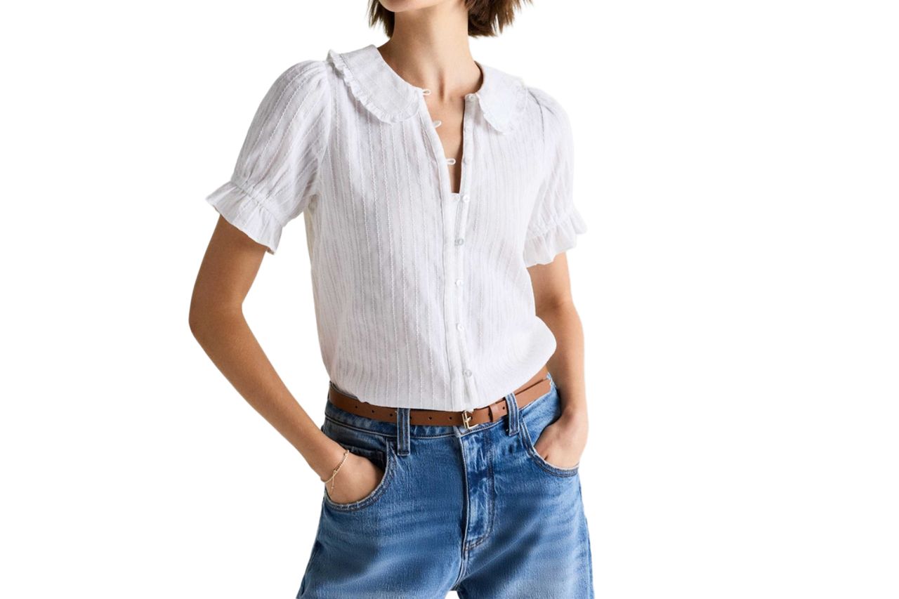 Embroidered Cotton Ruffle Collar Short Sleeve Blouse