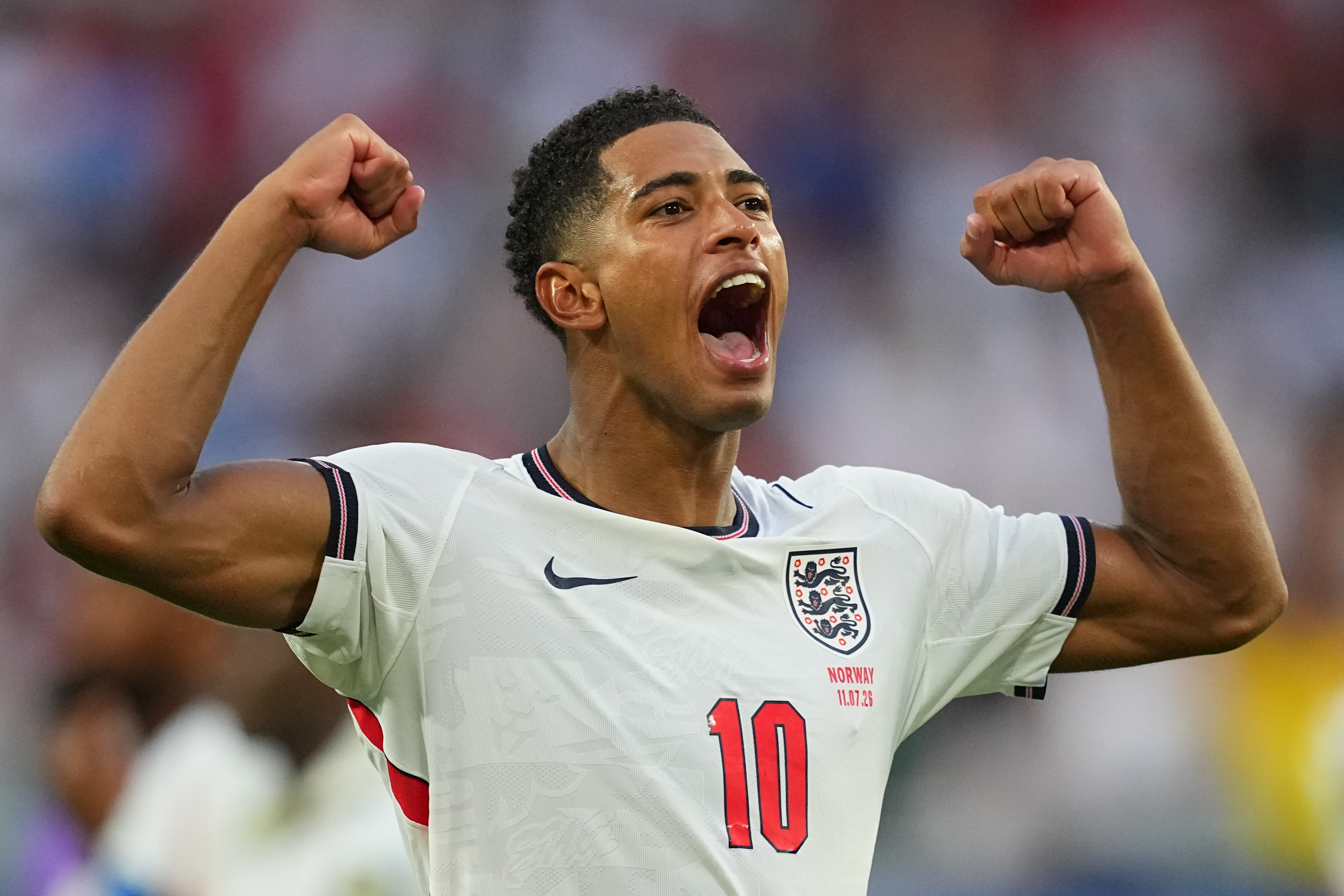 Jude Bellingham celebrates England's victory over Norway in a World Cup quarterfinal soccer match in Miami Gardens, Fla., Saturday, July 11, 2026. (AP Photo/Julio Cortez)