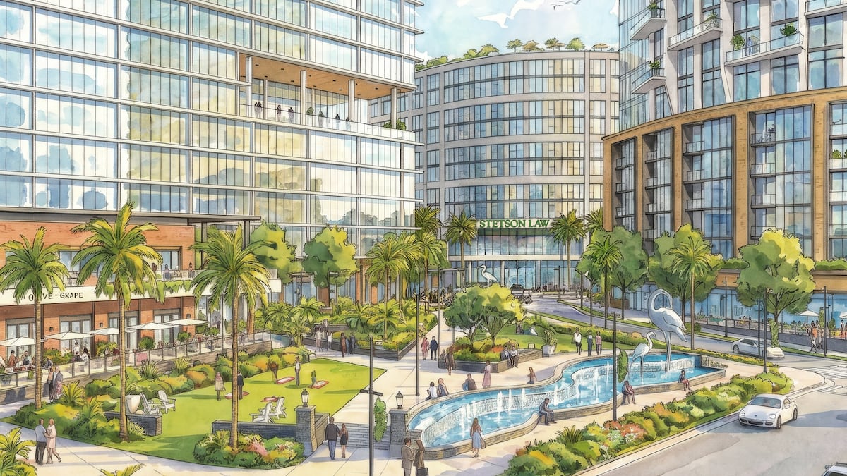 Stetson University's Tampa Law Center will be redeveloped with a modern campus and mixed-use facilities.