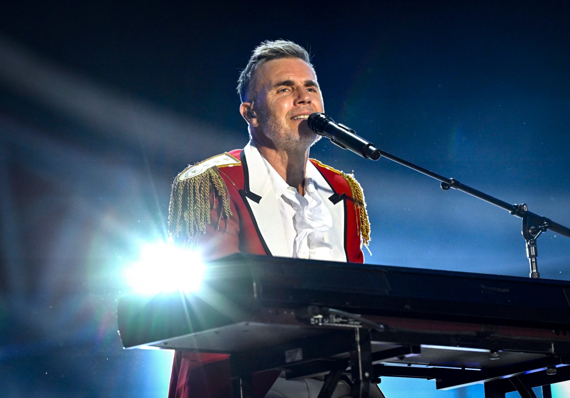 Gary Barlow of Take That performs at the piano during The Circus Live stadium tour at St Mary's Stadium on May 29, 2026 in Southampton
