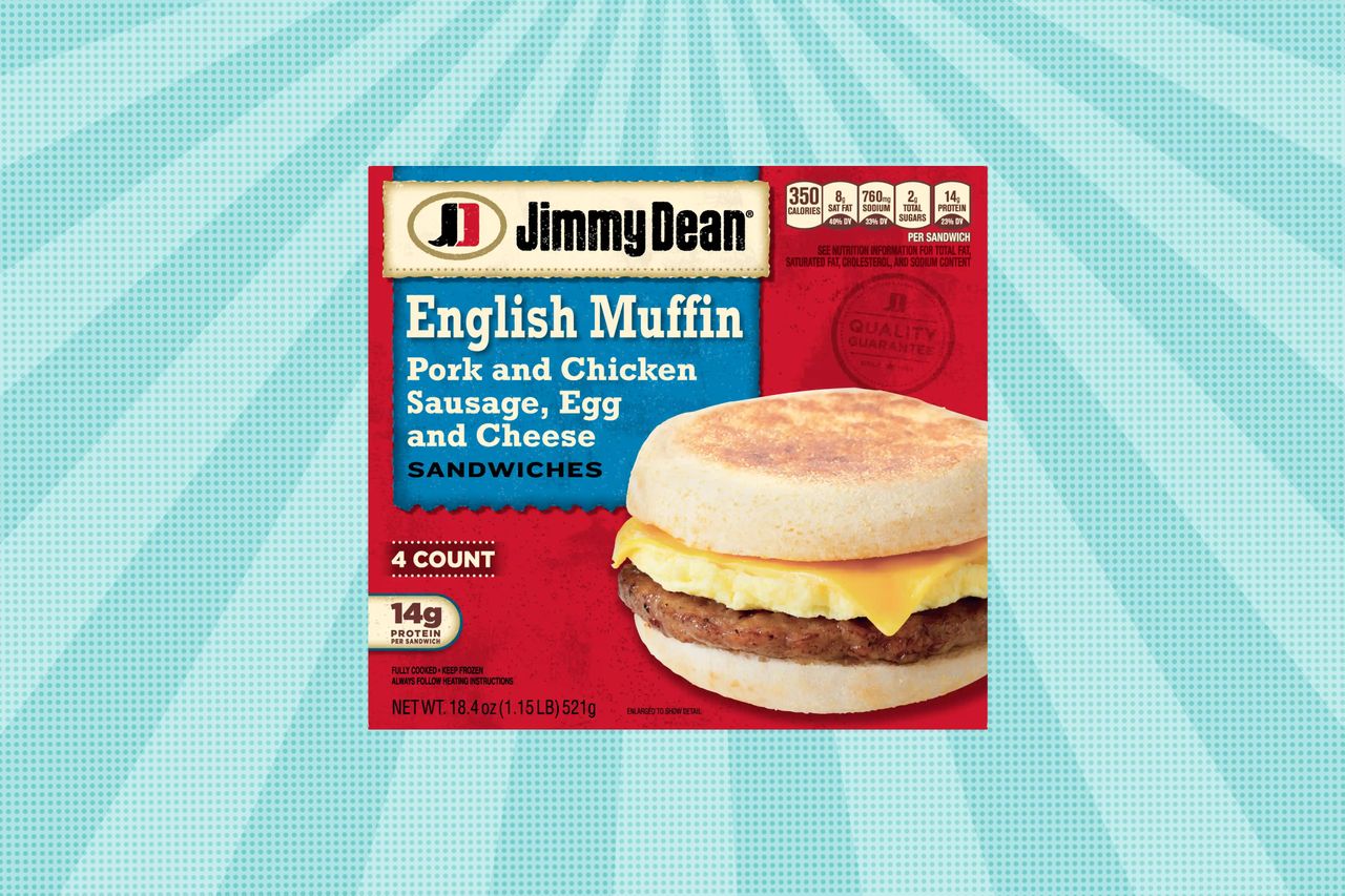 Packaging of Jimmy Dean English Muffin breakfast sandwiches with sausage egg and cheese 4 count