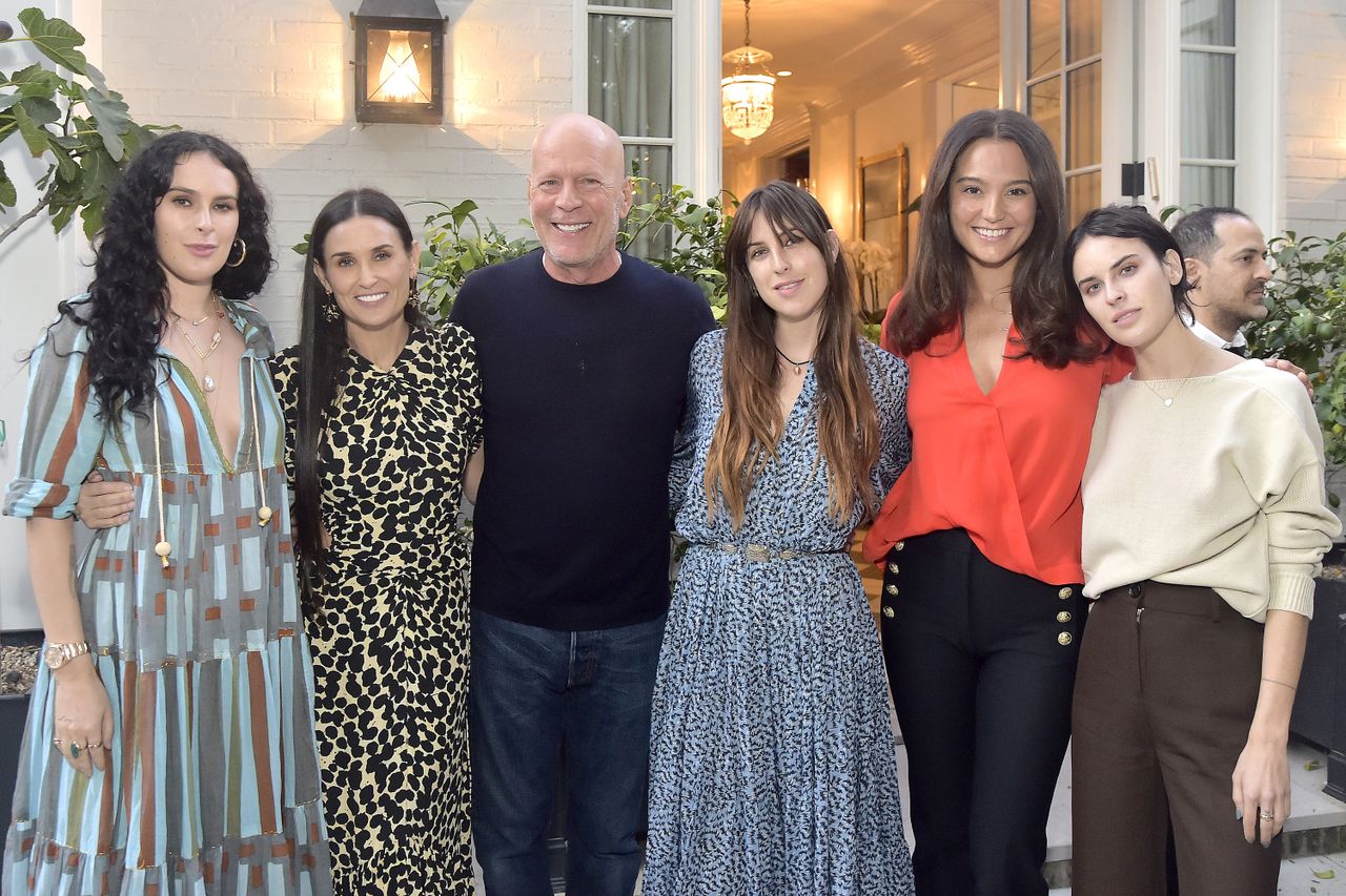 Rumer Willis, Demi Moore, Bruce Willis, Scout Willis, Emma Heming Willis and Tallulah Willis attend Demi Moore's 'Inside Out' Book Party on September 23, 2019 in Los Angeles, California.