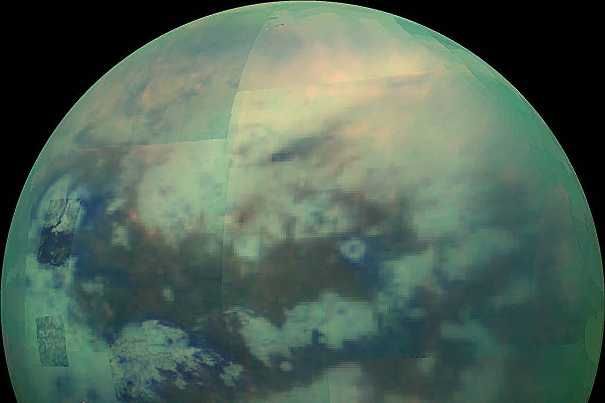 Composite image shows an infrared view of Saturn's moon Titan
