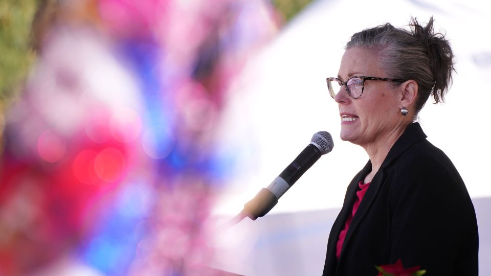 Arizona Gov. Katie Hobbs speaks during a Memorial Day event at the Phoenix National Memorial Cemetery on May 25. - Joe Rondone/The Republic/USA Today Network/Imagn