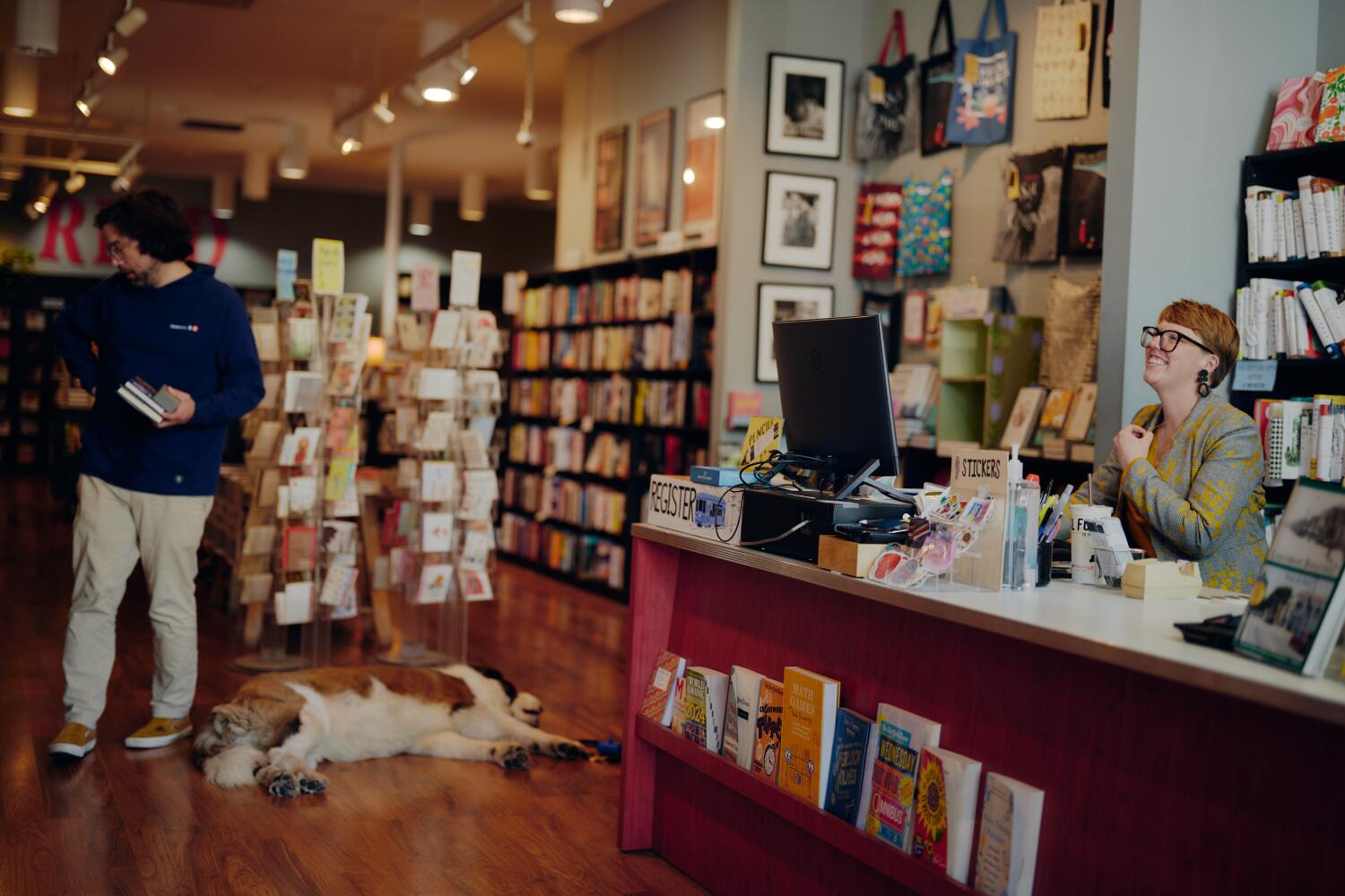 A person and a dog hang out in a bookstore