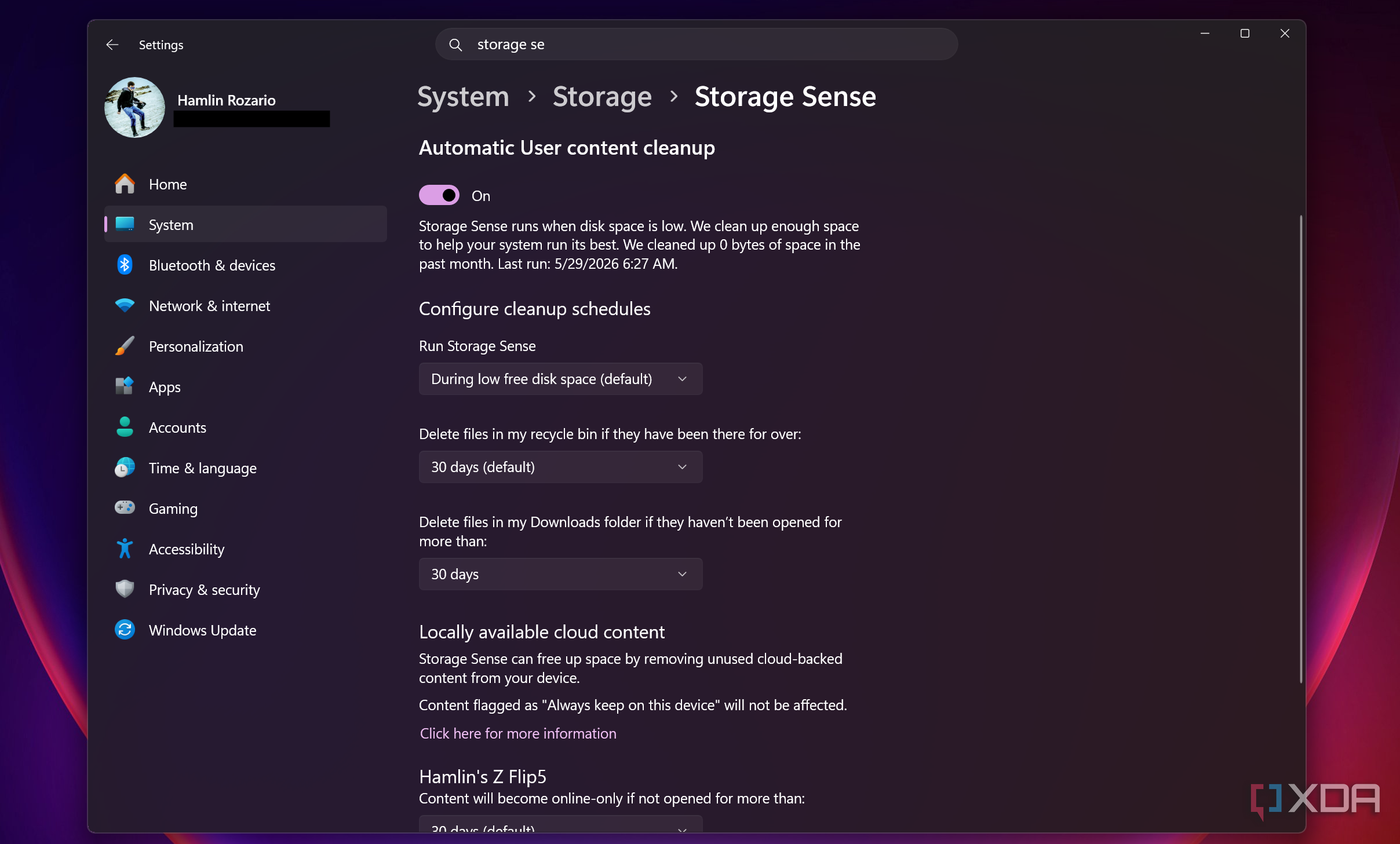 Storage Sense settings for the Downloads folder