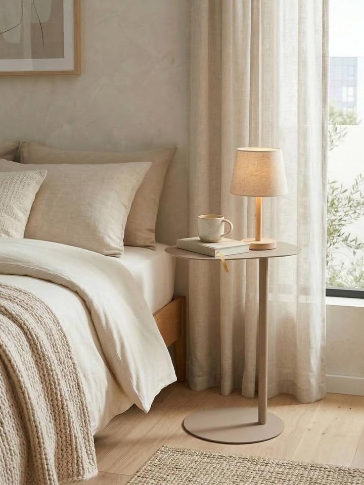 Urbnliving C Shaped Oblong Metal Side Table for Sofa Couch, Modern Pedestal Nightstand, Multi Room Use, Easy Clean, Beige