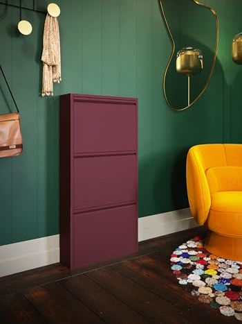 Kare Caruso Designer Shoe Cabinet, Berry, 104 X 50 X 15 Cm, Shoe Rack, Shoe Rack, With 3 Flaps, for 6 Pairs of Shoes, Steel, Narrow, Space-Saving, High, Entrance Area