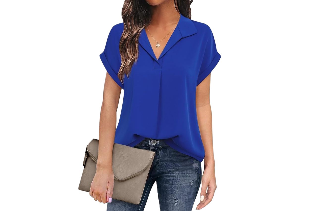 Timeson Womens Work Blouses and Tops Professional,Business Formal Clothes for Office Women's Collared Short Sleeve Shirts V Neck Chiffon Tunics Tops Summer Interview Outfits Sheer No Iron Blue S at Amazon Women’s Clothin