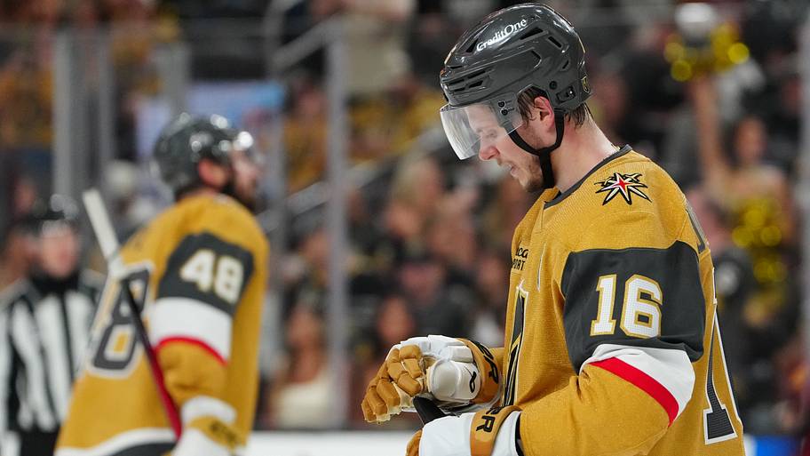 Vegas Golden Knights right wing Pavel Dorofeyev (16) reacts on ice.