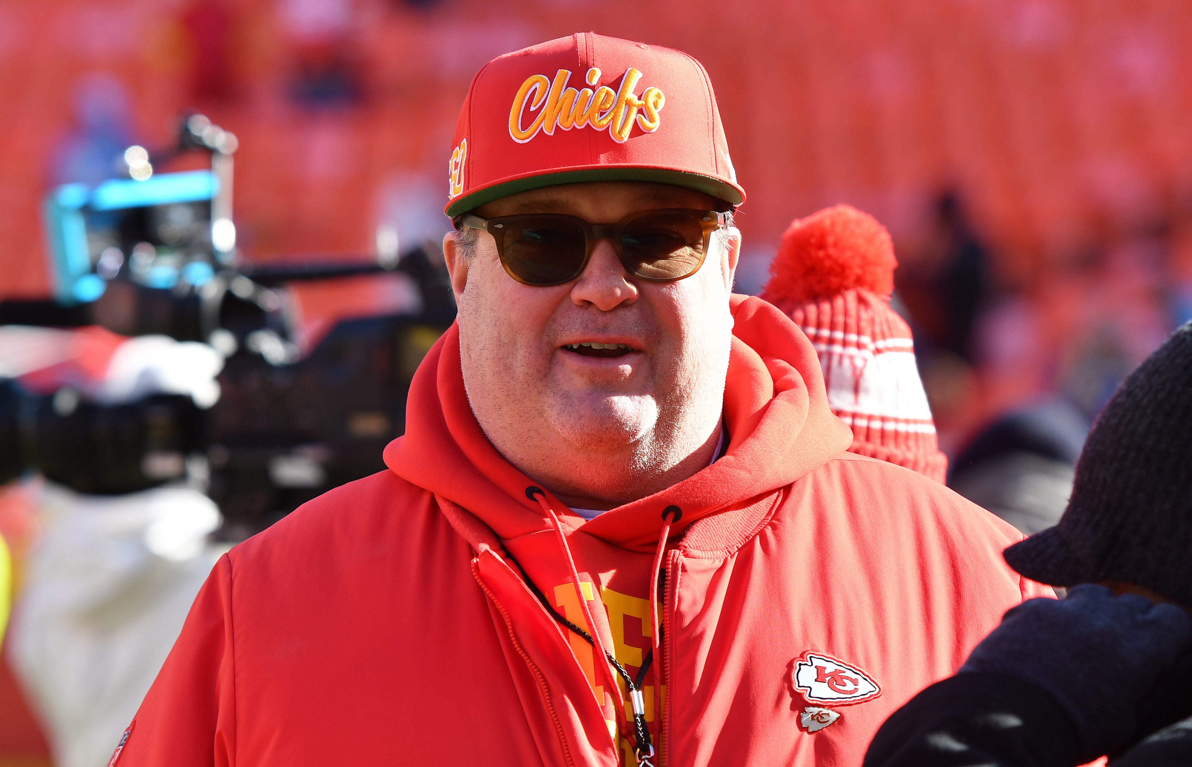 Jan 19, 2020; Kansas City, Missouri, USA; American actor Eric Stonestreet talks with fans on the sidelines before the AFC Championship Game between the Kansas City Chiefs and the Tennessee Titans at Arrowhead Stadium. Mandatory Credit: Denny Medley-USA TODAY Sports