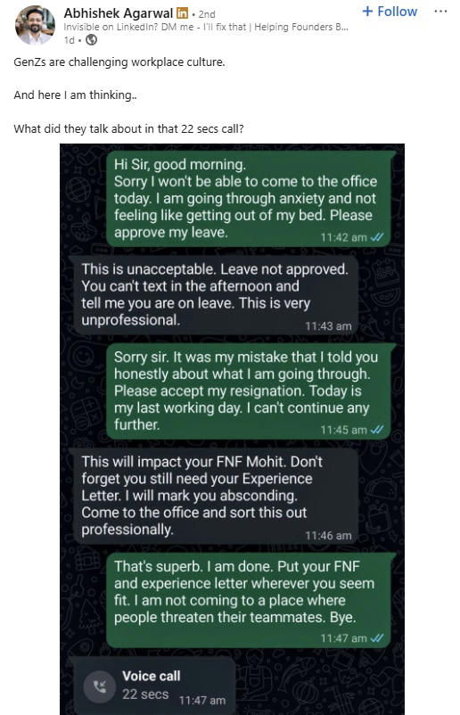 Gen Z employee asks for leave due to anxiety, manager's response makes him resign