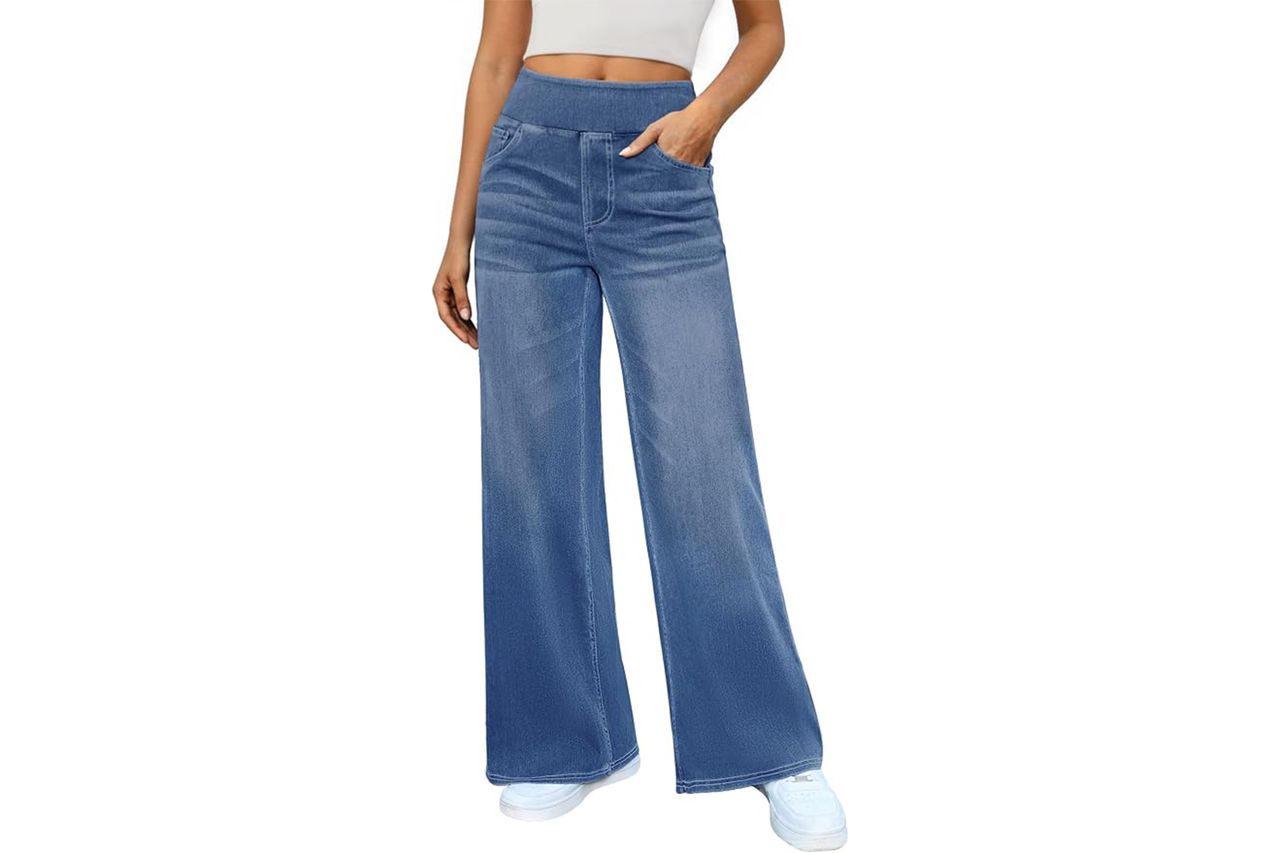 DLOODA Women's Wide Leg Jeans High Waisted Stretchy Denim Pants Elastic Waist Pull On Sweatpant Jeans Trendy Baggy Loose