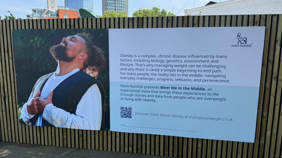 An information board on the outside of Novo Nordisk's obesity exhibition in London, July 2026. - CNN
