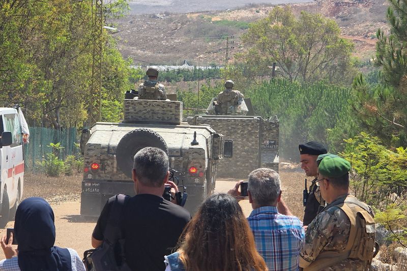 Lebanese army troops deploy in the town of Zawtar al-Gharbiyeh after Israeli forces withdrew from the area