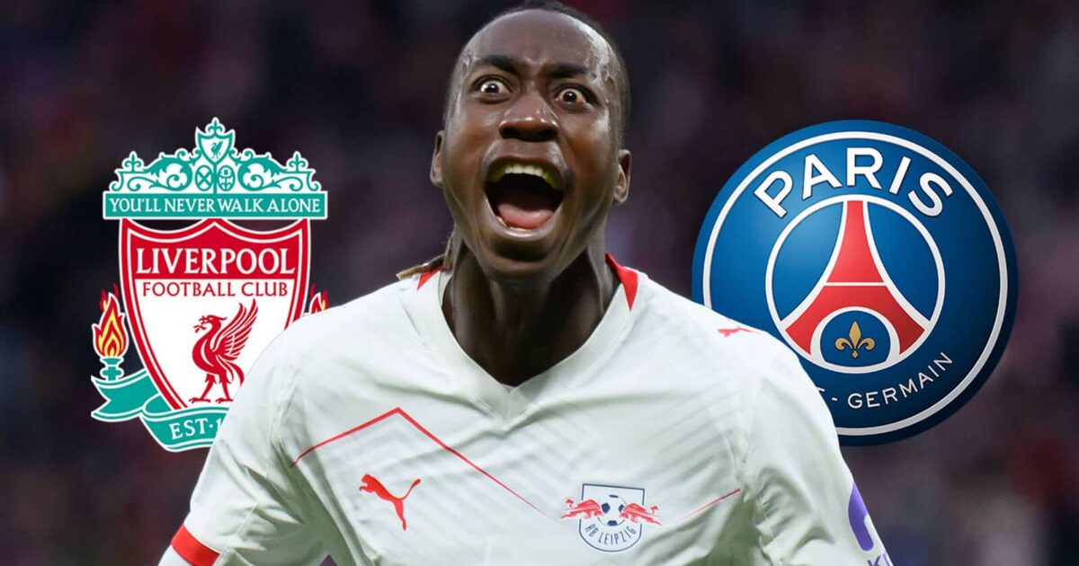 RB Leipzig winger Yan Diomande, Liverpool and PSG badges