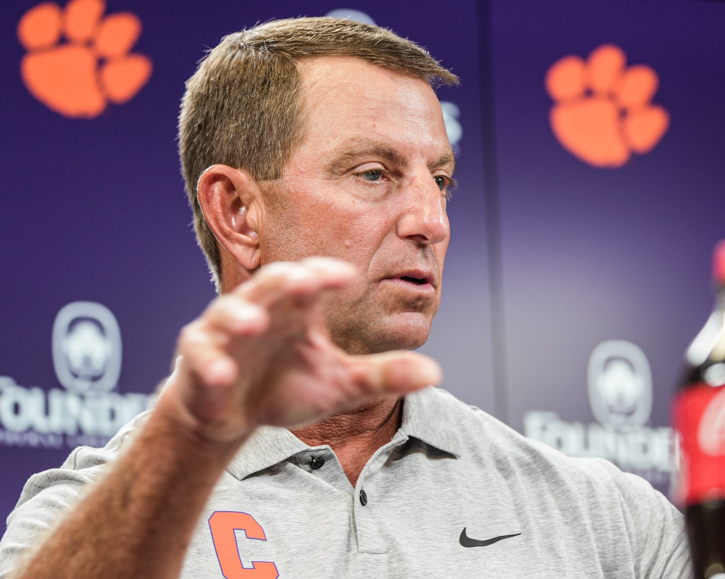 Clemson head coach Dabo Swinney speaks with reporters during Clemson football media day at the Smart Family Media Center in Clemson, S.C. Tuesday, July 14, 2026.