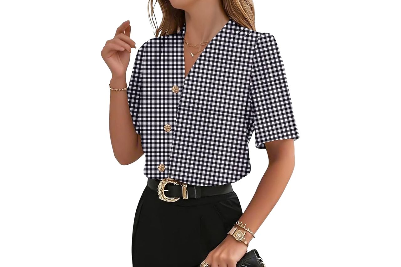 EVALESS Business Casual Tops for Women Summer Plaid Short Sleeve V Neck Button Down Shirts Work Blouses Black S at Amazon Women’s Clothing store