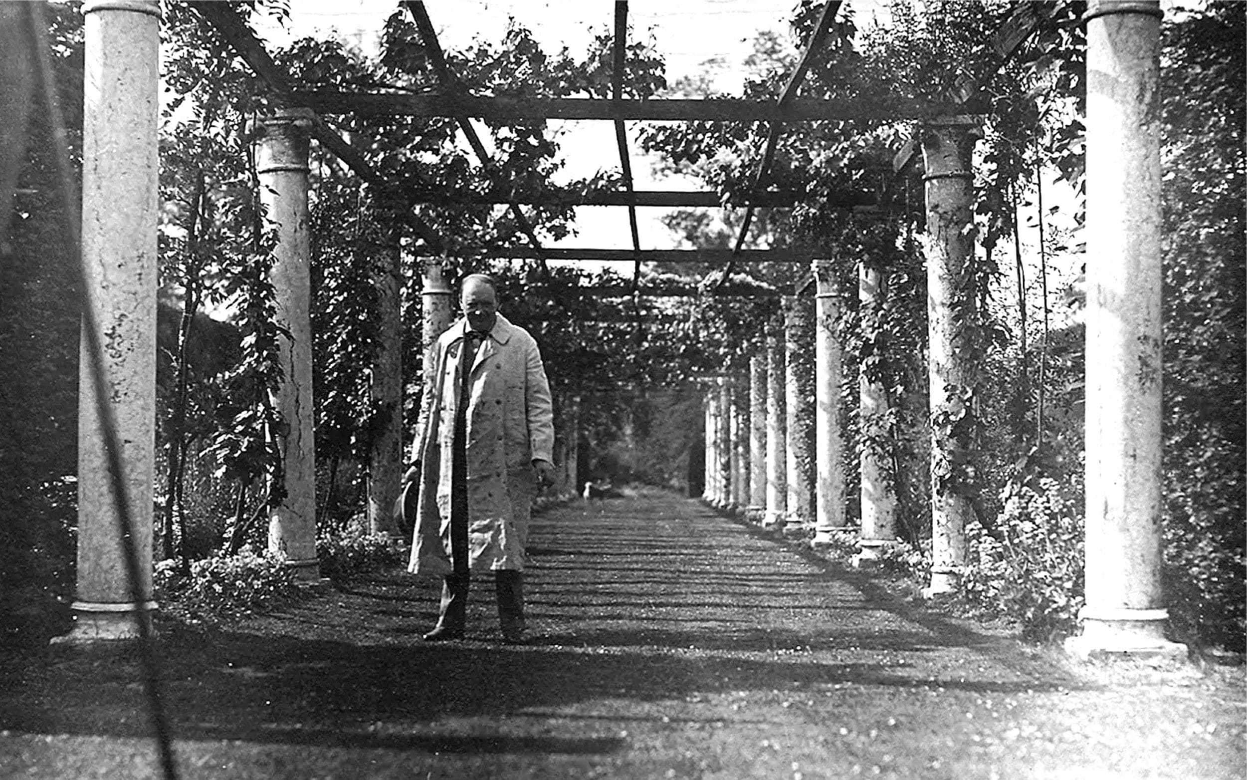 Sir Winston Churchill in the Wisteria Walk, Trent Park, 1930s