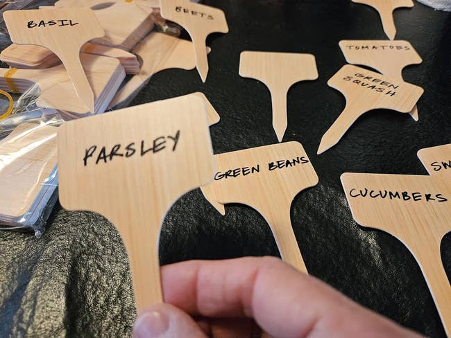 Wooden garden markers with herb and vegetable names such as parsley, green beans, and cucumbers, held on a black surface