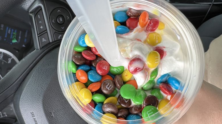 Overhead view of a McDonald's McFlurry in a car