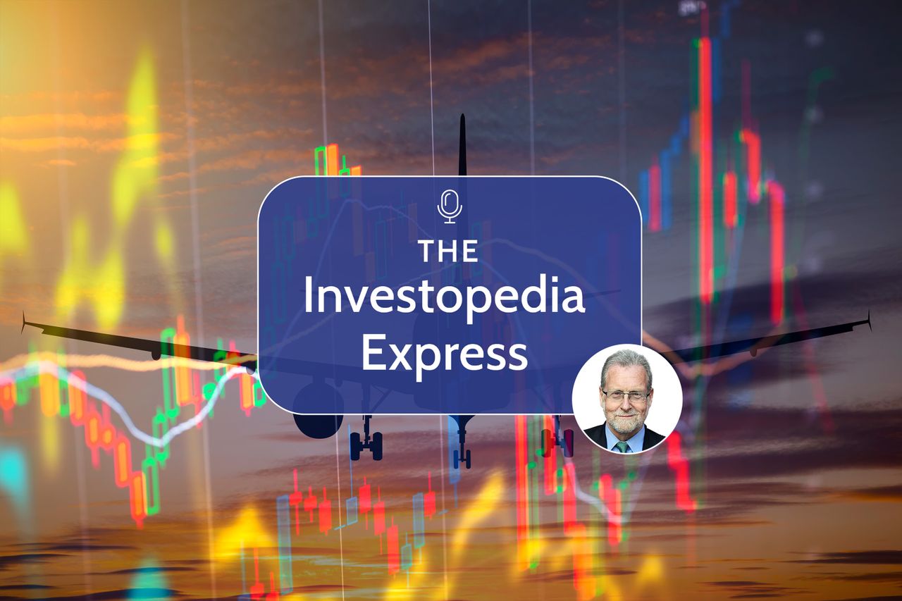 Podcast cover for The Investopedia Express with a stock market graph and airplane silhouette in the background featuring a portrait insert of a man
