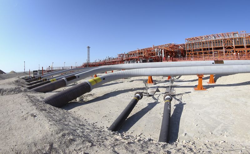 Infrastructure on D Island, the main processing hub, is pictured at the Kashagan offshore oil field in the Caspian sea in western Kazakhstan