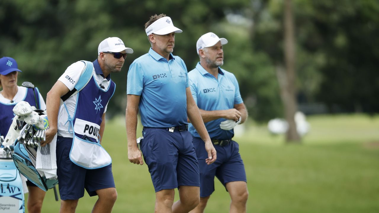 Majesticks GC co-captains Ian Poulter and Lee Westwood of look on during day one of the LIV Golf Miami event in 2023.