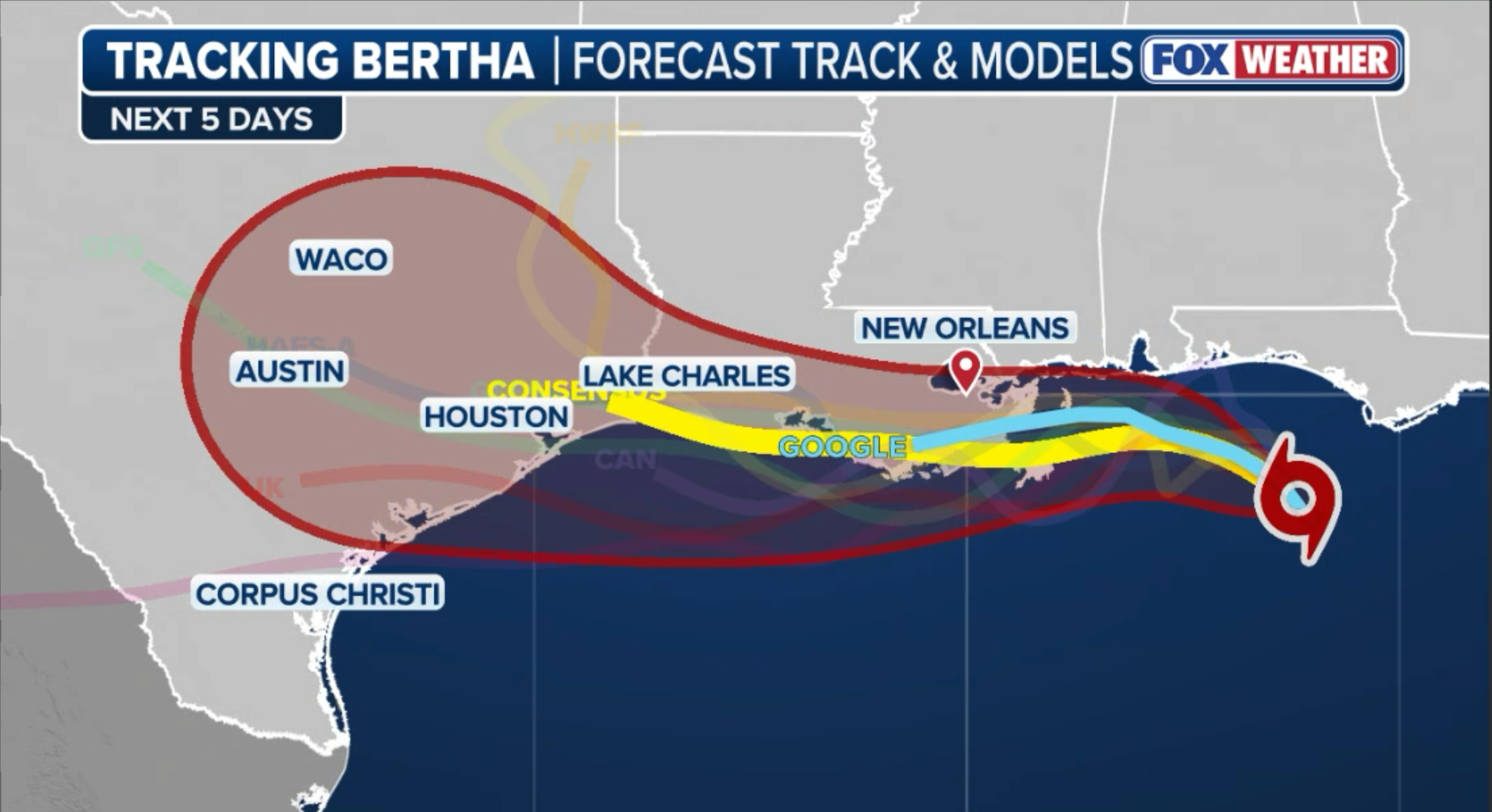 Different forecast models for Tropical Storm Bertha.