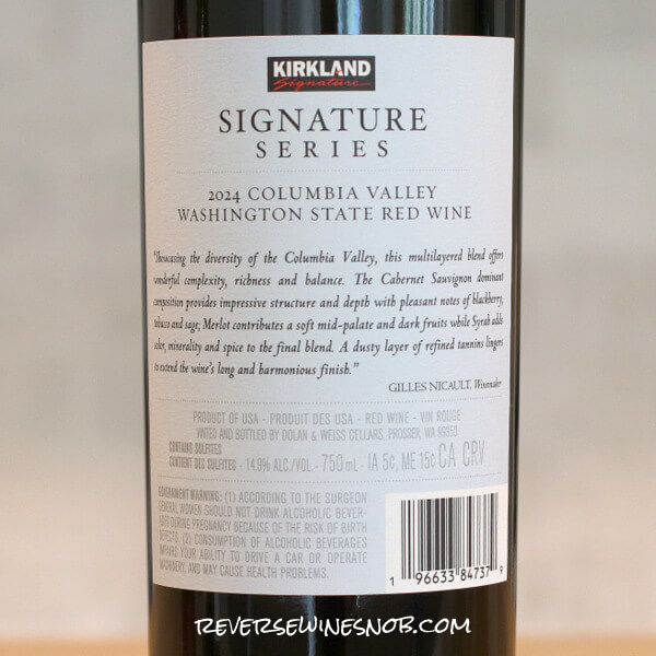 2024 Kirkland Signature Series Columbia Valley Red Wine Back Label