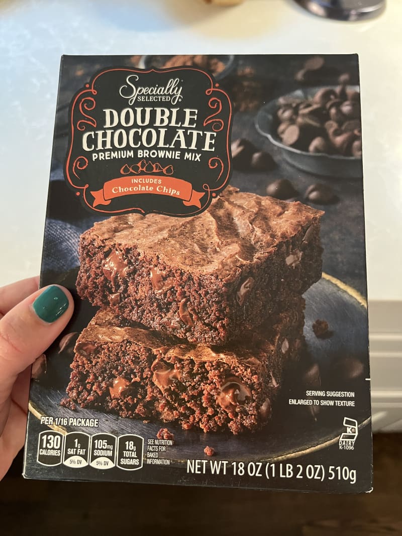 Box of Specially Selected Double Chocolate Premium Brownie Mix with chocolate chips.