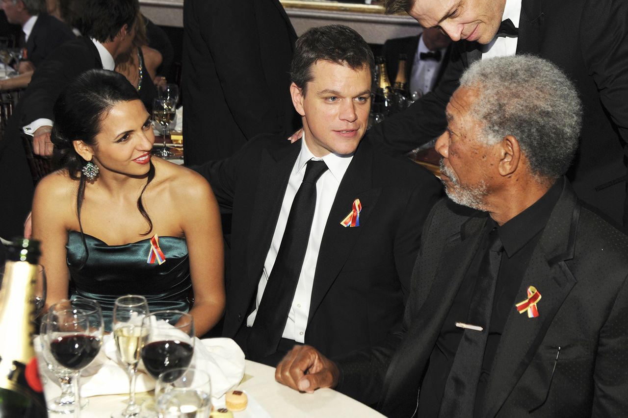 (l-r) Luciana Damon, Matt Damon, Morgan Freeman during the 67th Annual Golden Globe Awards held at the Beverly Hilton Hotel on January 17, 2010