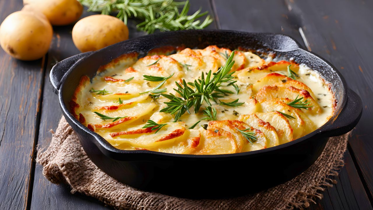 A cast-iron skillet of baked potato gratin topped with rosemary on a wooden table.