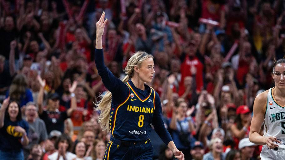 Jul 18, 2026; Indianapolis, Indiana, USA; Indiana Fever guard Sophie Cunningham (8) celebrates a made basket