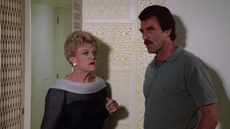Magnum and Jessica Fletcher walk on the beach in "Murder, She Wrote"