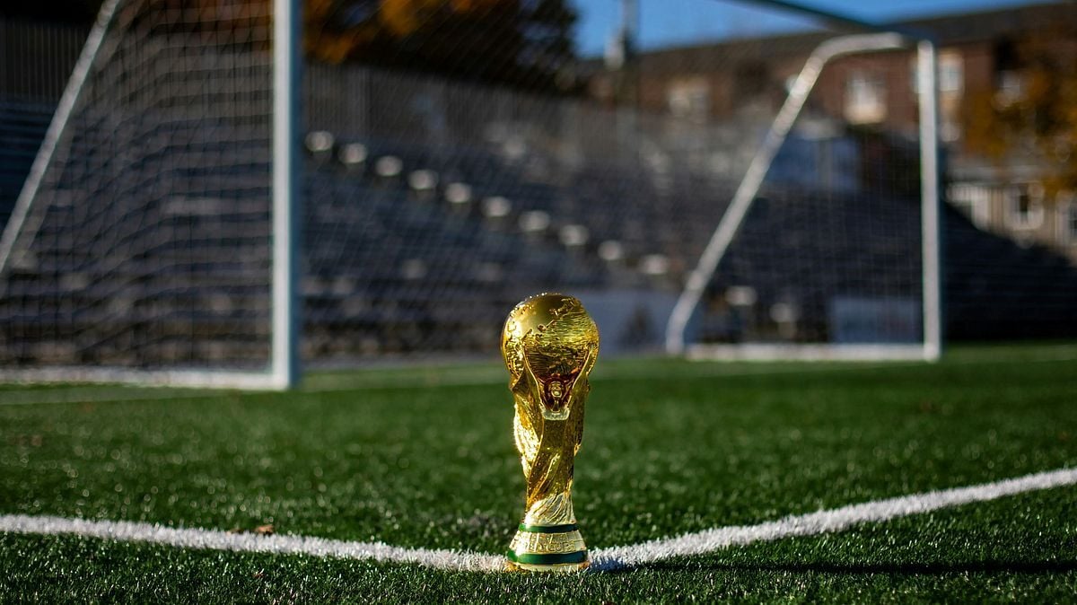 The FIFA World Cup Trophy on a soccer field. Photo: My Profit Tutor / Unsplash