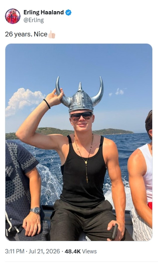 Haaland then posted a picture of himself wearing a Viking helmet on his summer holiday