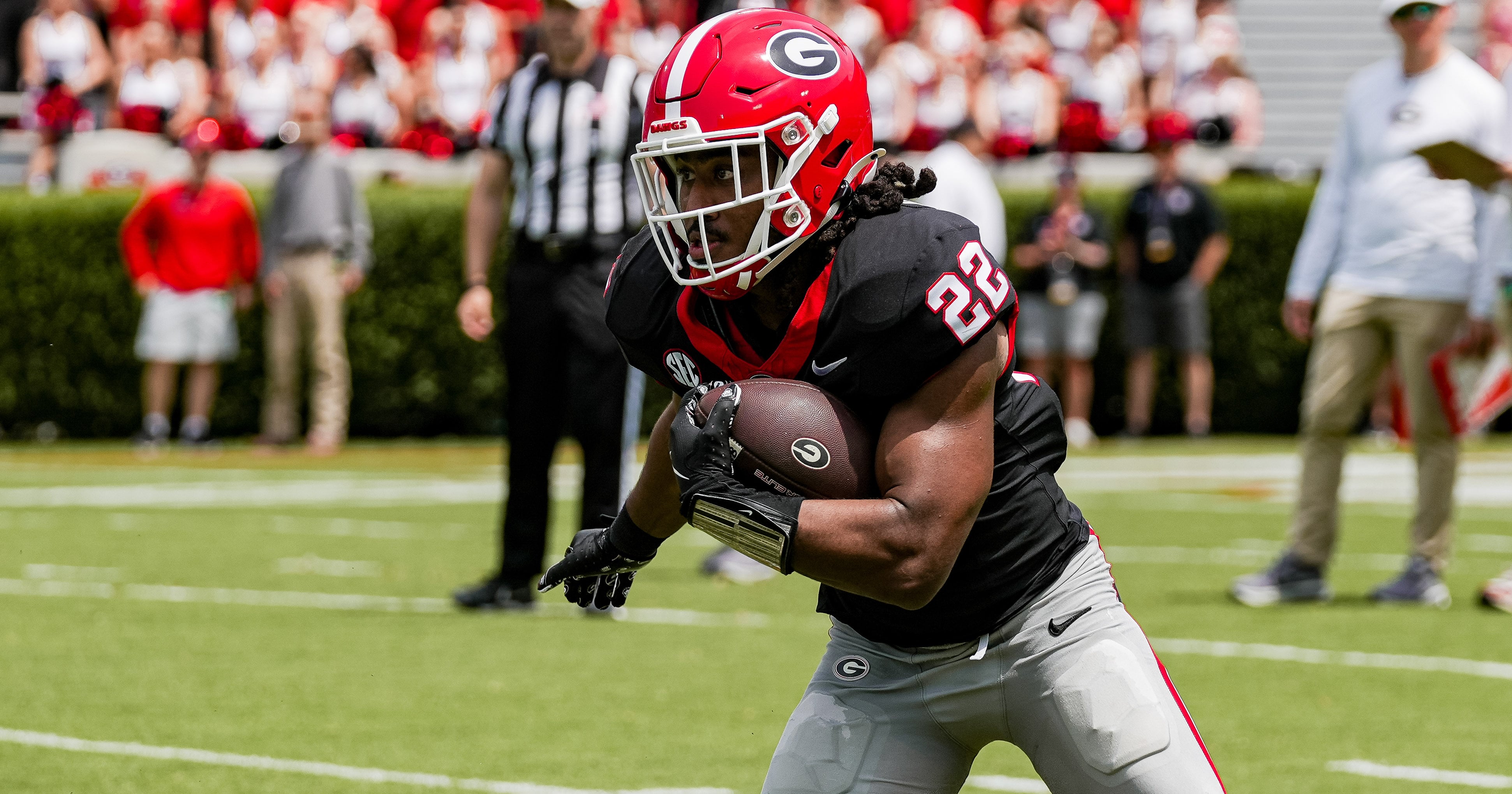 Georgia running back Dante Dowdell (22) during Georgia’s annual G-Day spring game on Dooley Field at Sanford Stadium in Athens, Ga., on Saturday, April 18, 2026. (Tony Walsh/UGAAA)