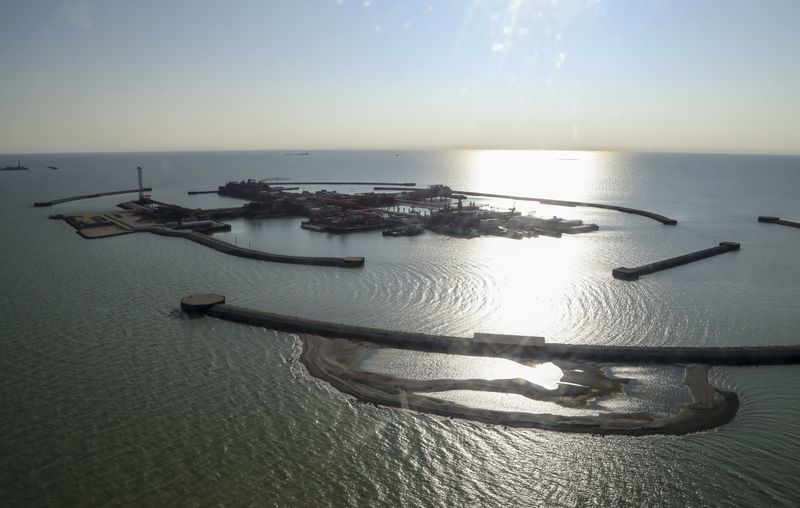 An aerial view shows the artificial islands at the Kashagan offshore oil field in the Caspian sea in western Kazakhstan