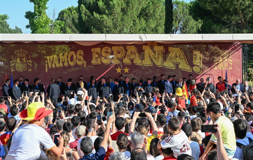 Players of Spain attend the celebrations after winning the 2026 FIFA World Cup in Madrid, Spain, on July 20, 2026. (Photo by Cheng Min/Xinhua via Getty Images)