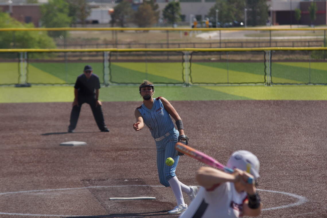 Landrie Hinrichs, a Mission Prep pitcher, on the mound for the I-5 (Central Coast) softball team that recently won its 18U division at the Colorado Sparkler tournament in early July.