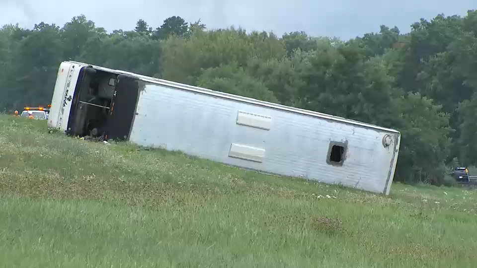 Passenger bus rolls over on New York State Thruway in Ulster County