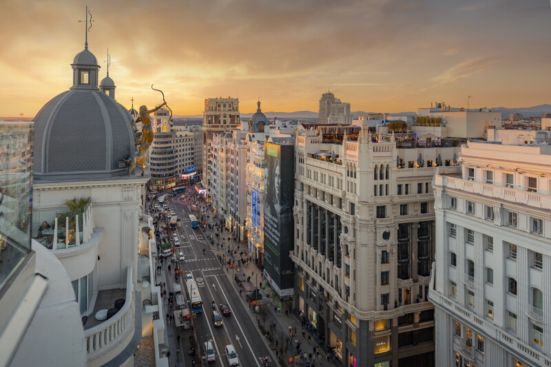 Madrid's famous Gran Via at sunset
