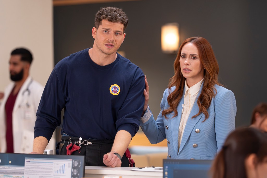 Oliver Stark and Jennifer Love Hewitt looking concerned.